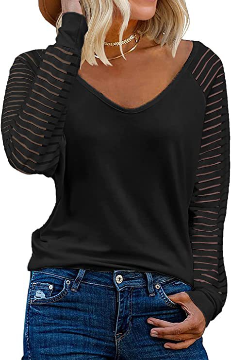 Striped Sleeve V Neck Cotton Long Sleeve Top