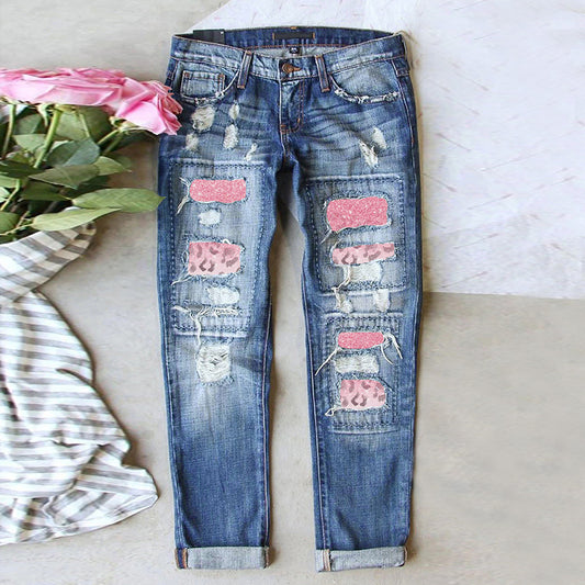 Valentine's Day Pink Leopard Distressed Denim Casual Jeans