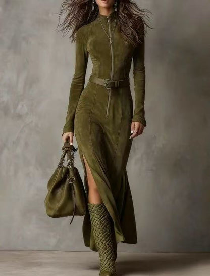 Suede Zip Front Maxi Dress Long Sleeve Fishtail