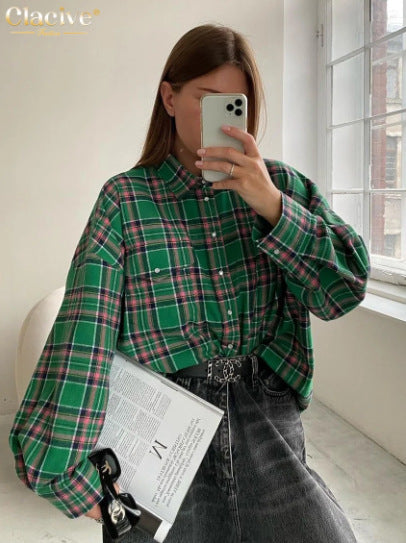 Oversized Plaid Button Up Shirt Long Sleeve Pocket Top