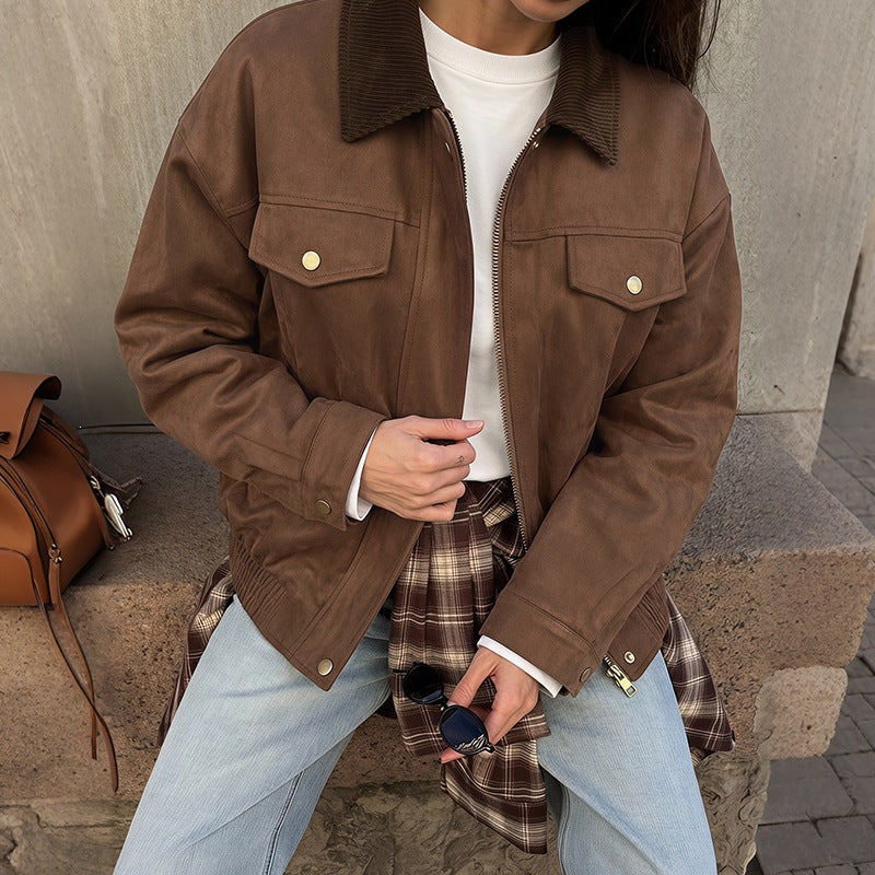 Faux Suede Contrast Collar Zip Front Utility Jacket