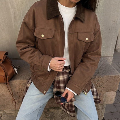 Faux Suede Contrast Collar Zip Front Utility Jacket