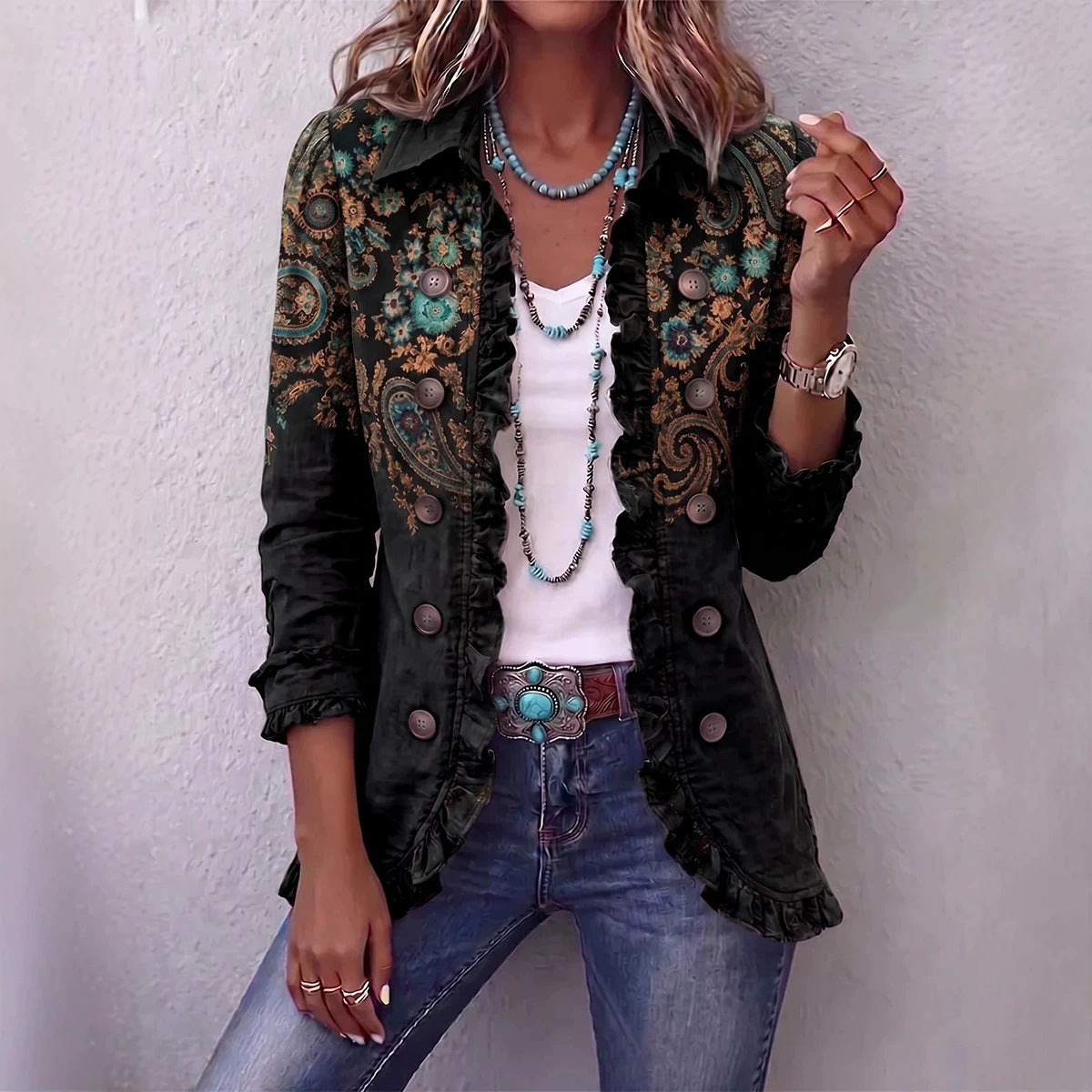 Women's Leopard Ruffle Button Down Long Sleeve Cardigan