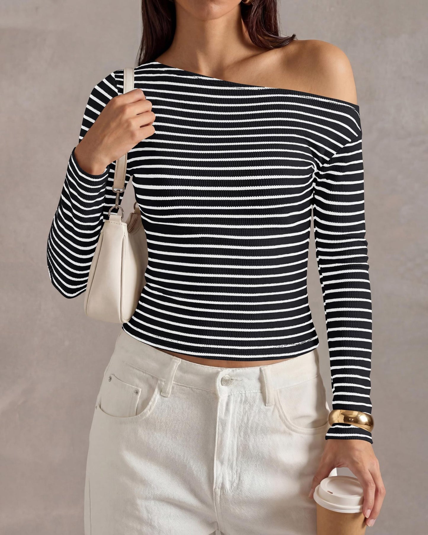 Off Shoulder Striped Long Sleeve Ribbed Knit Top Women