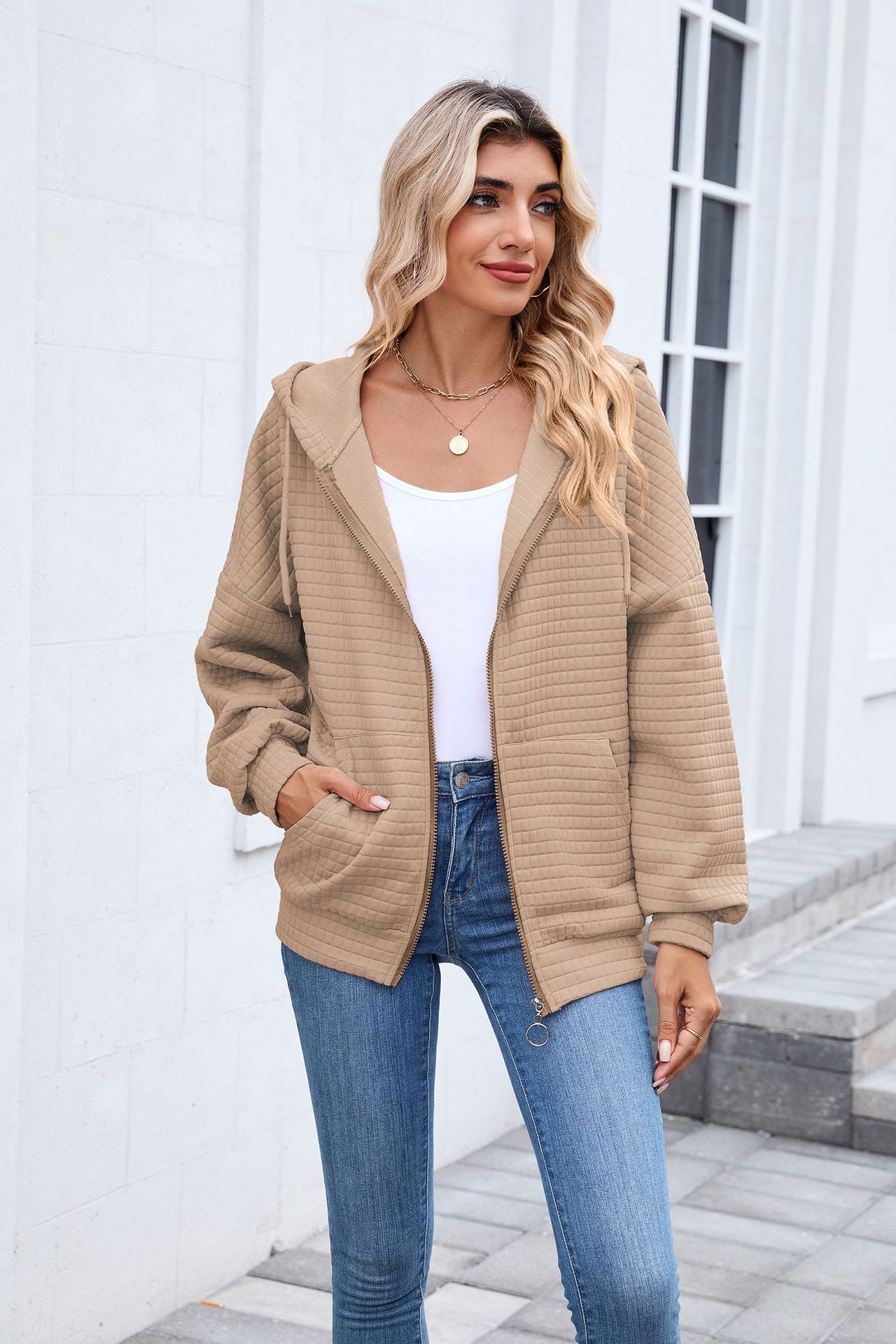 Quilted Zip Up Hooded Jacket Hoodie with Pockets