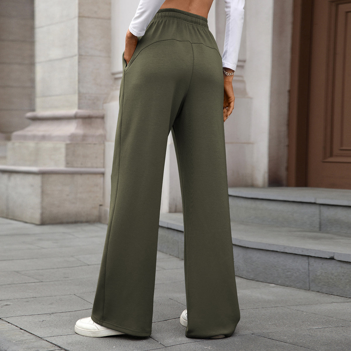 Womens Wide Leg Pants Elastic Waist Drawstring Pockets