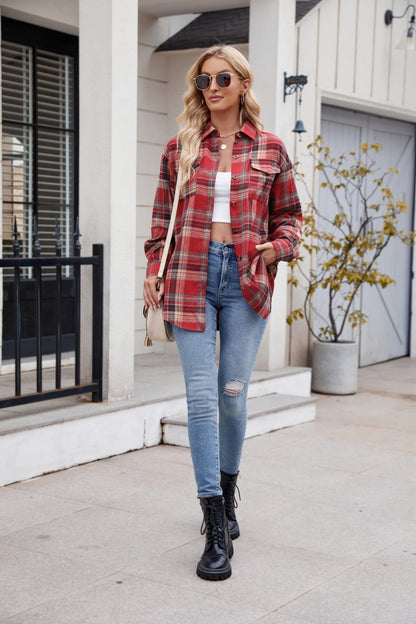 Women’s Casual Plaid Shirt with Pockets Loose Fit Fashion Top