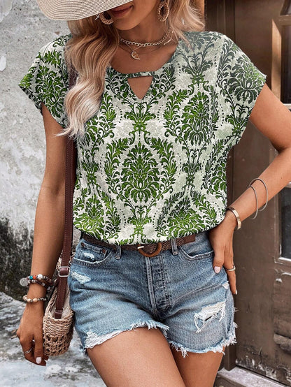 Vintage Print V-Neck Batwing Sleeve Summer Top