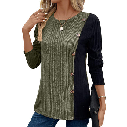 Color Block Button Split Top Casual Long Sleeve Cross-Border