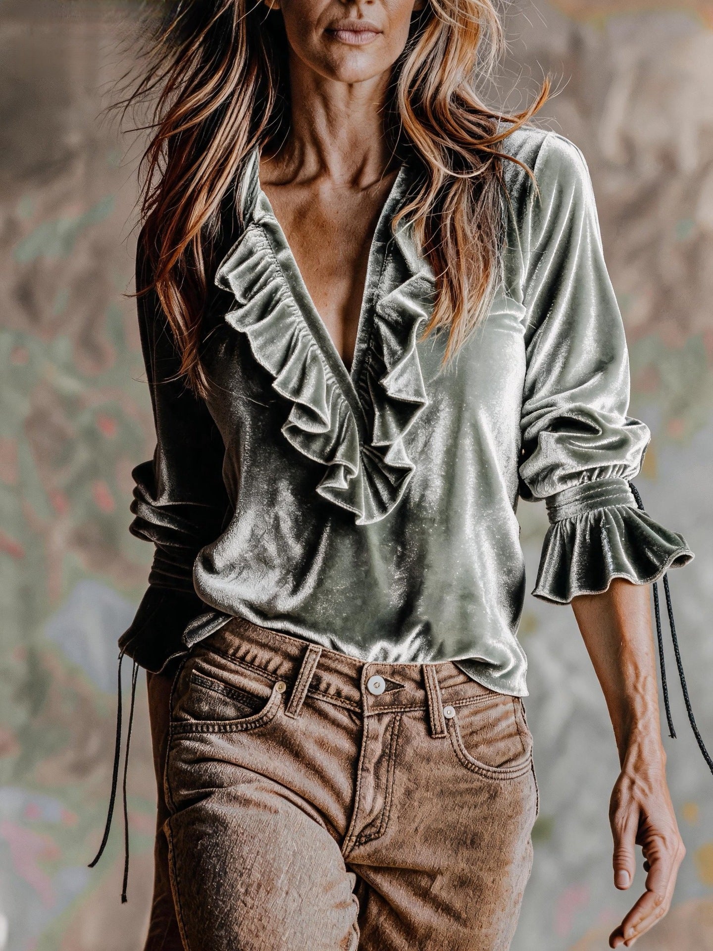 Velvet Ruffle V-Neck Boho Blouse Top