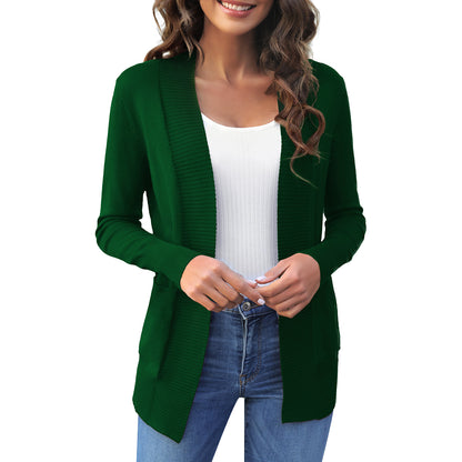 Women's Open Front Knit Cardigan with Pockets Long Sleeve