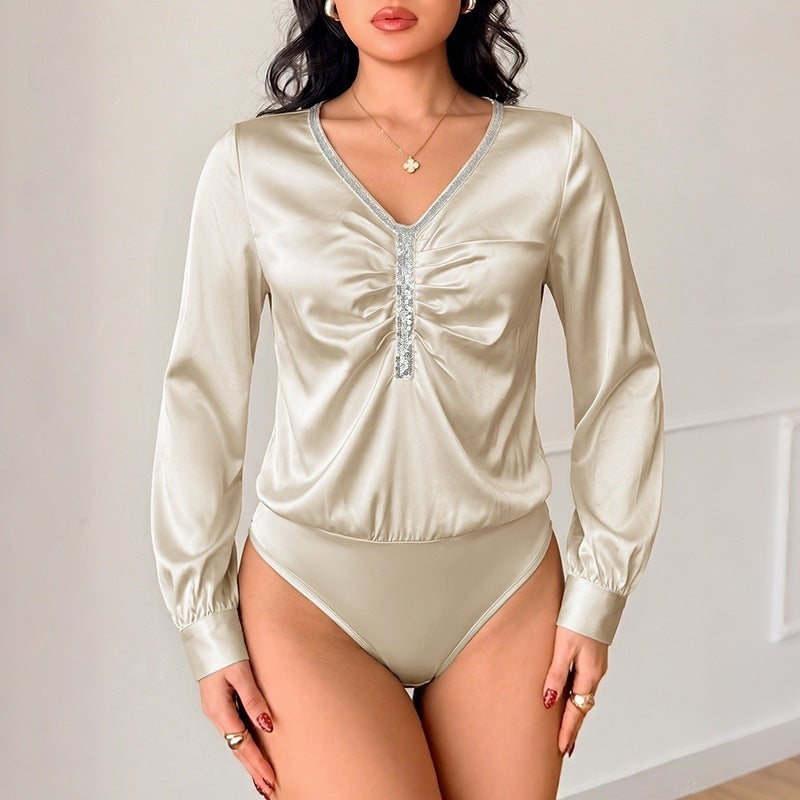 Satin Ruched V Neck Bodysuit Long Sleeve Rhinestone Trim