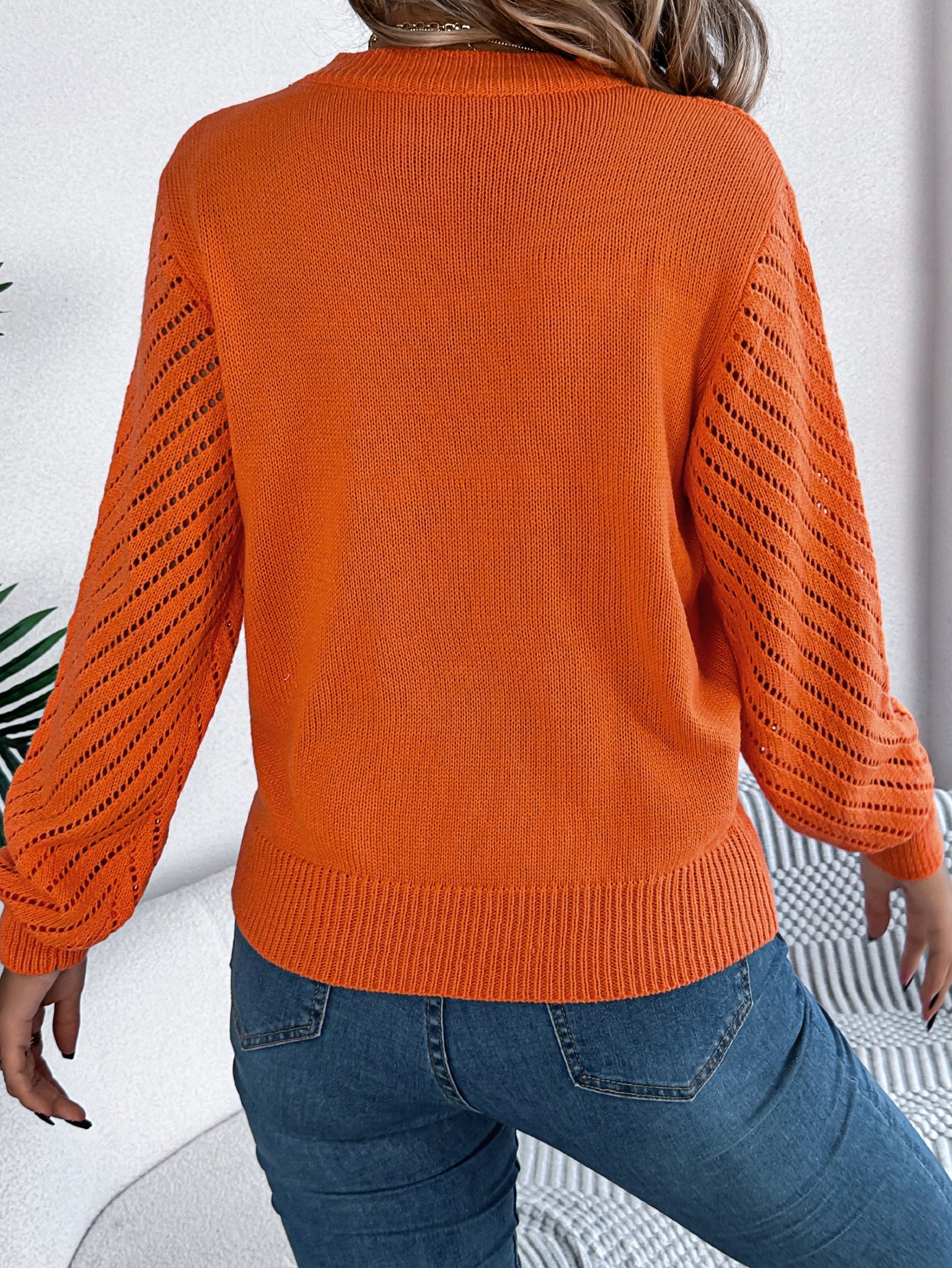 Hollow Knit Sweater Women | Round Neck Lantern Sleeve