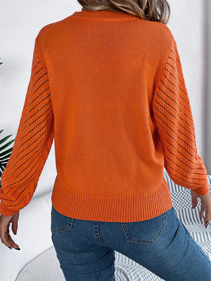 Hollow Knit Sweater Women | Round Neck Lantern Sleeve