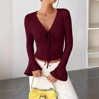 Women's Sexy Tie Front V Neck Bell Sleeve Crop Top