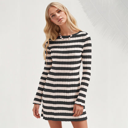 Striped Ribbed Knit Dress Mini Long Sleeve Trendy