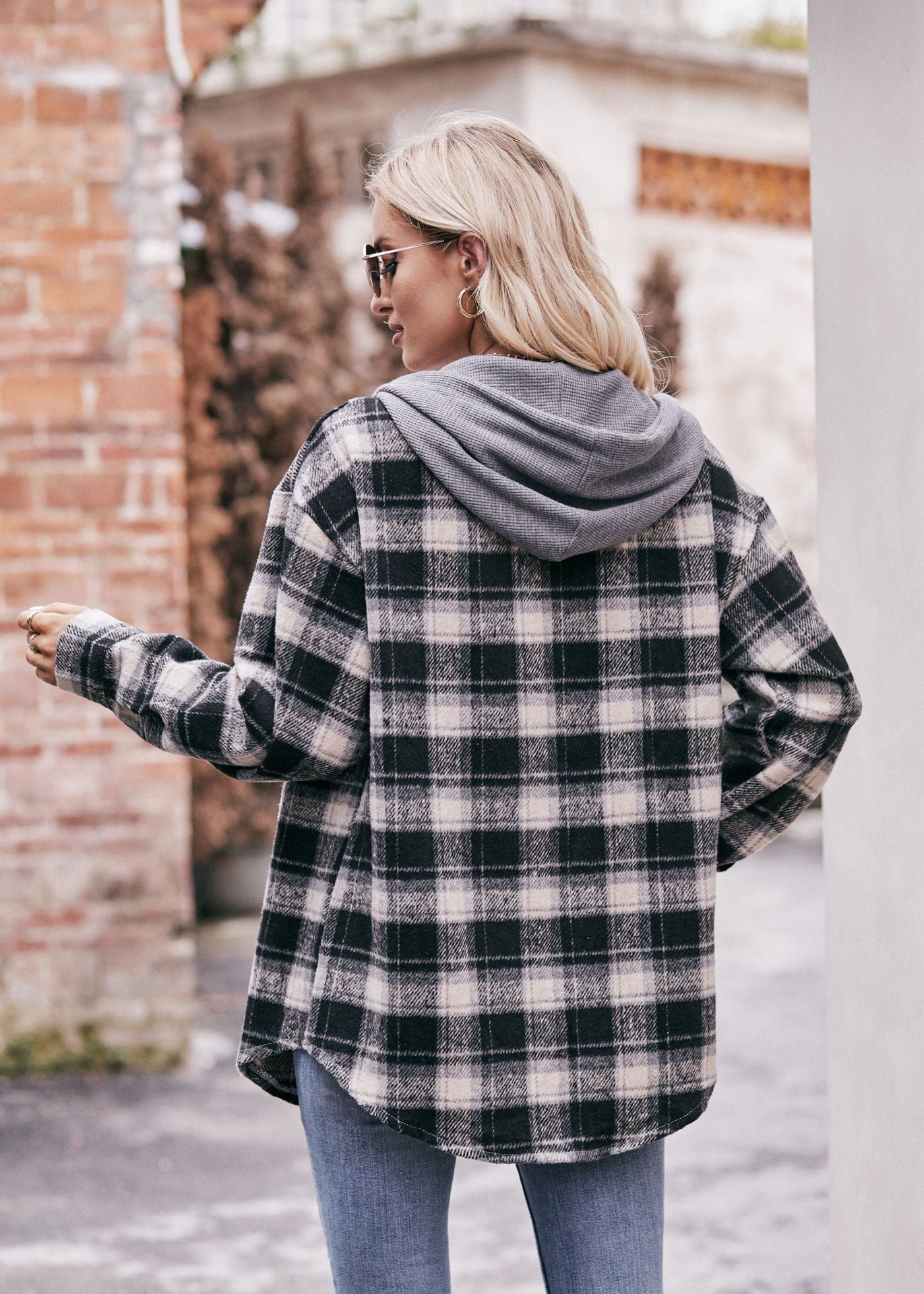 Black Women's Hooded Plaid Flannel Shacket Oversized Jacket