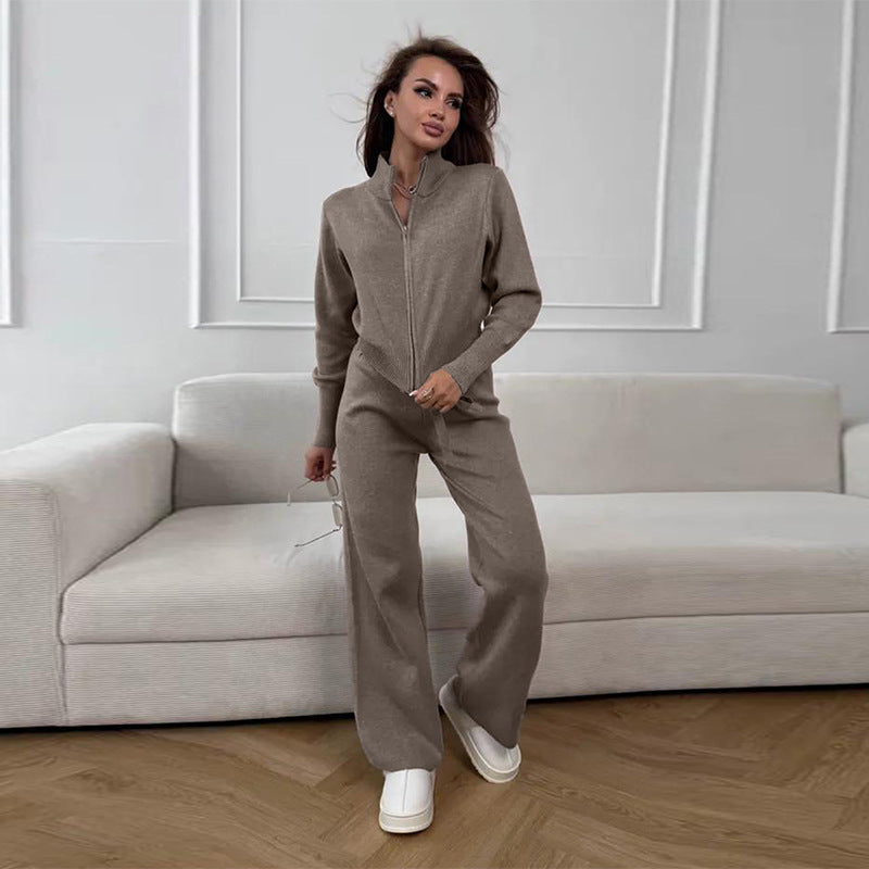 Women's Knit Lounge Set Zip Up Top Wide Leg Pants