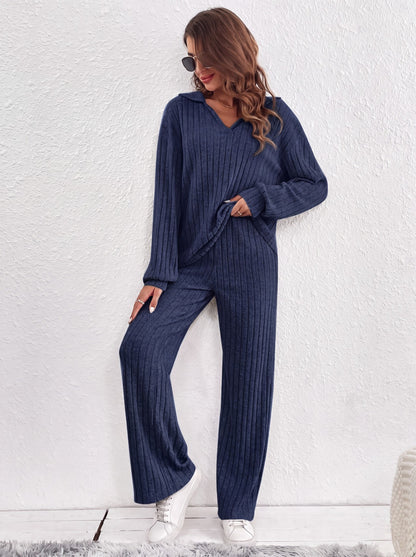 Womens Ribbed Lounge Set Long Sleeve Wide Leg Pants