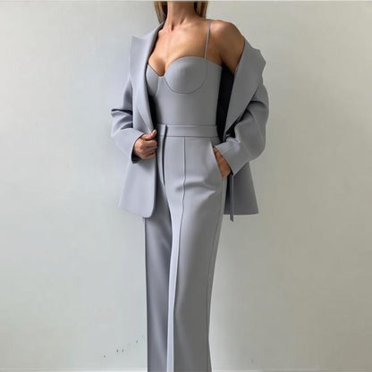 Women's 3 Piece Blazer Bustier Top Wide Leg Pants Set