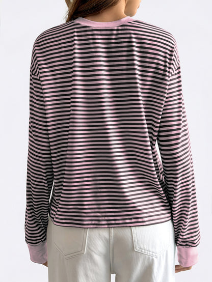 Pink Black Striped Long Sleeve Crew Neck Casual Tee
