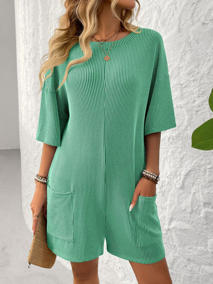 Loose Pocket Back V-Neck Short-Sleeve Jumpsuit