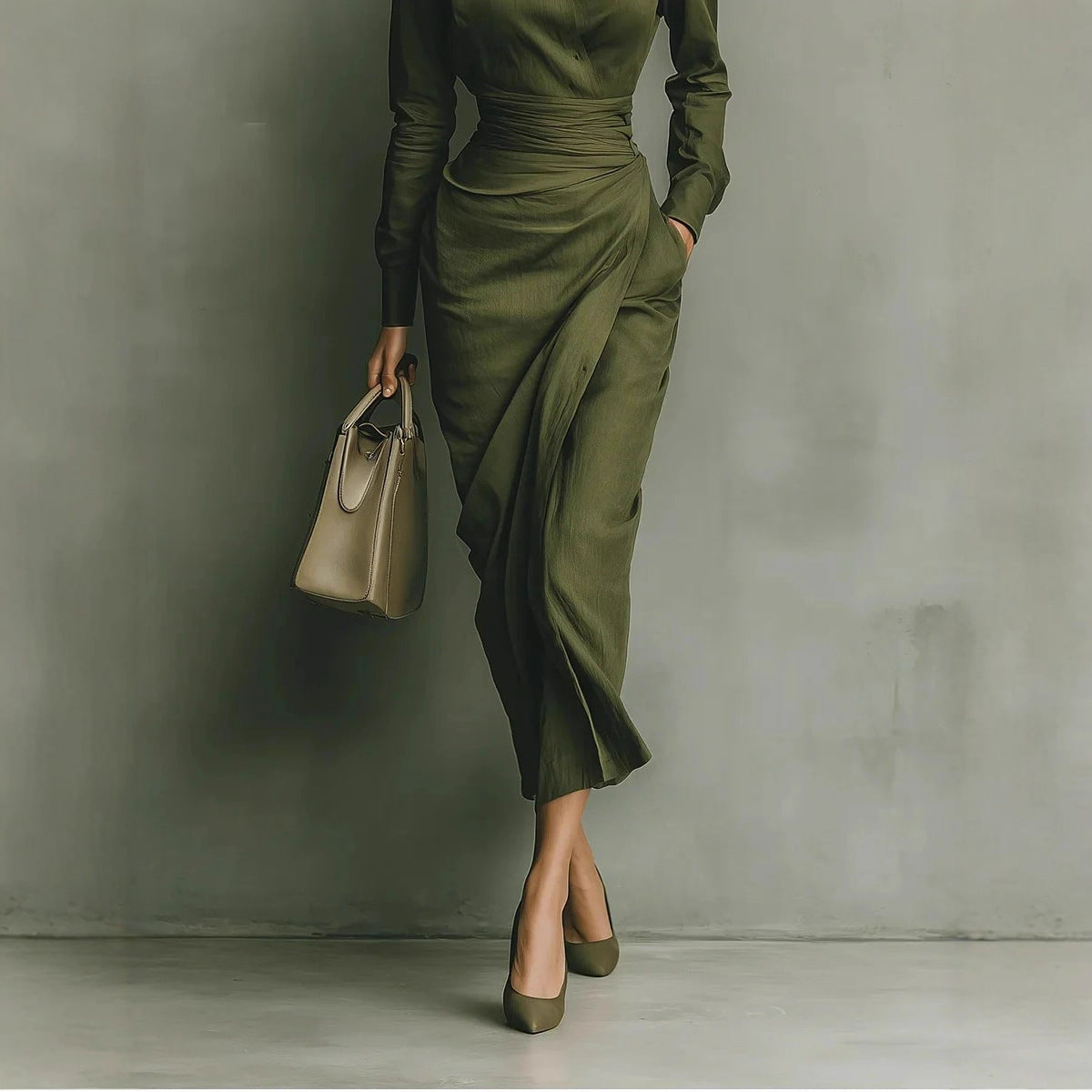 Womens Linen Shirt Dress Long Sleeve Asymmetric Midi Work