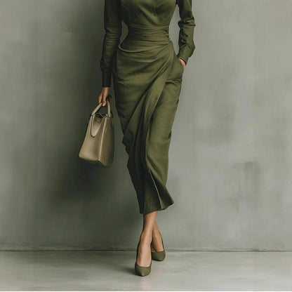 Womens Linen Shirt Dress Long Sleeve Asymmetric Midi Work