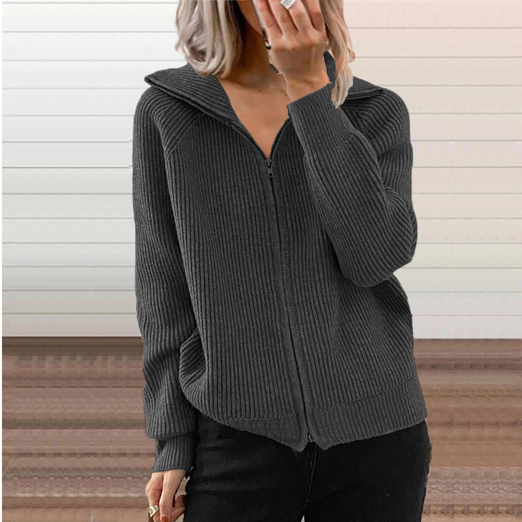 Oversized Ribbed Zip Up Collared Cardigan