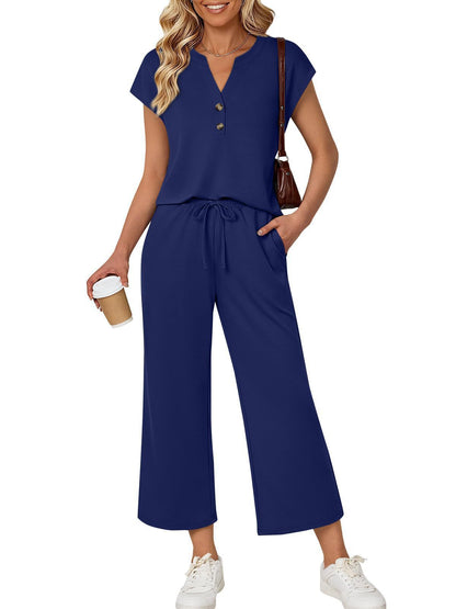 Button Front Short Sleeve Top and Wide Leg Pants Set
