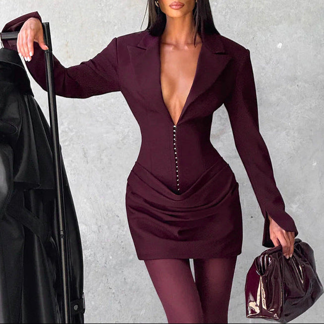 Deep V Neck Blazer Dress Long Sleeve Corset Mini Dress