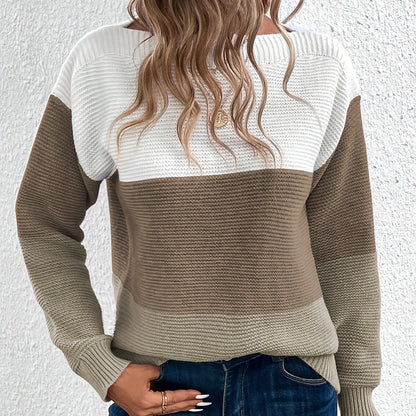 Women's Color Block Crew Neck Knit Pullover Sweater