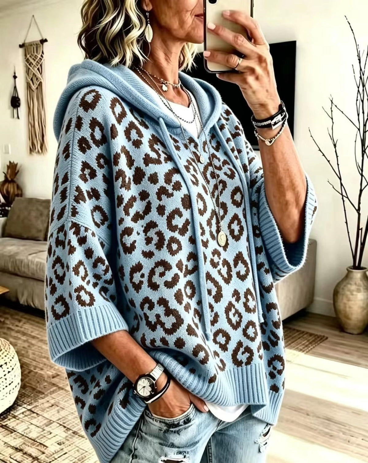 Oversized Leopard Print Hooded Knit Sweater Pullover