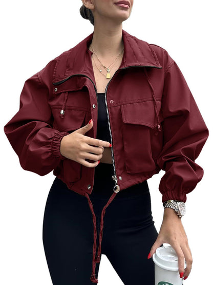 Women's Oversized Zip Up Cropped Jacket Pockets