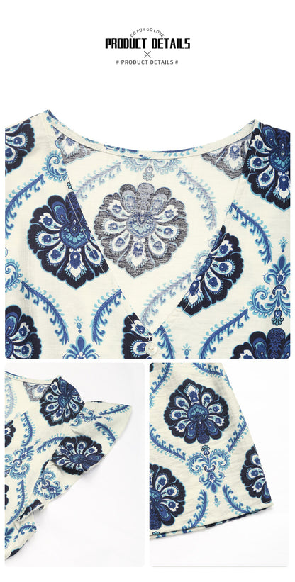 Boho Geometric Print Flutter Sleeve Midi Dress
