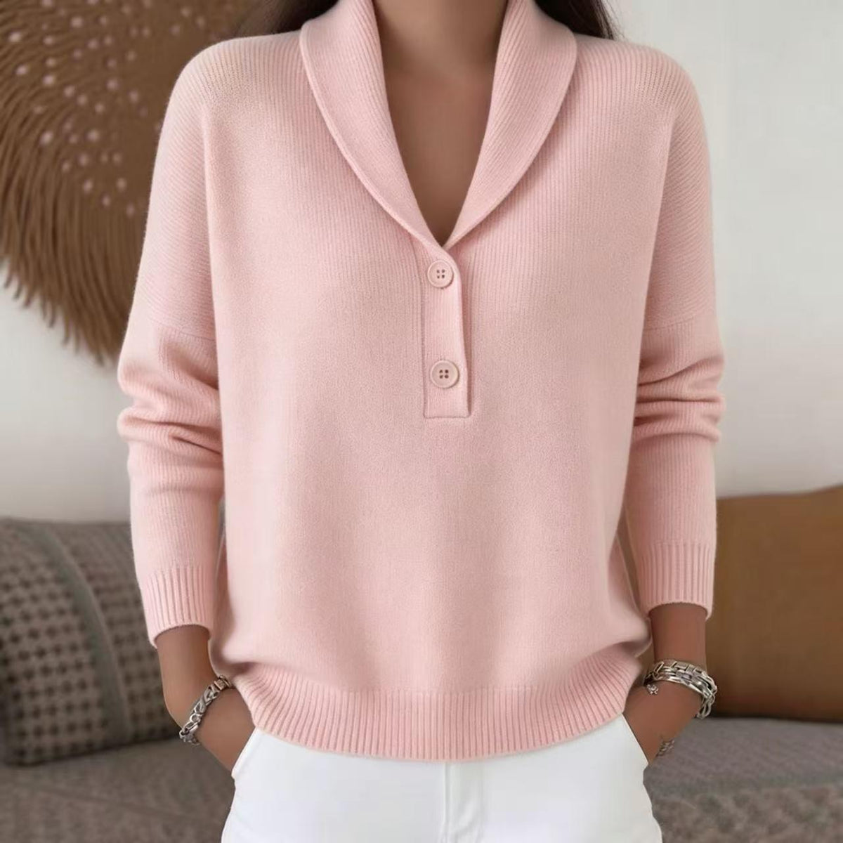 Women's Shawl Collar Button Pullover Sweater Soft Knit