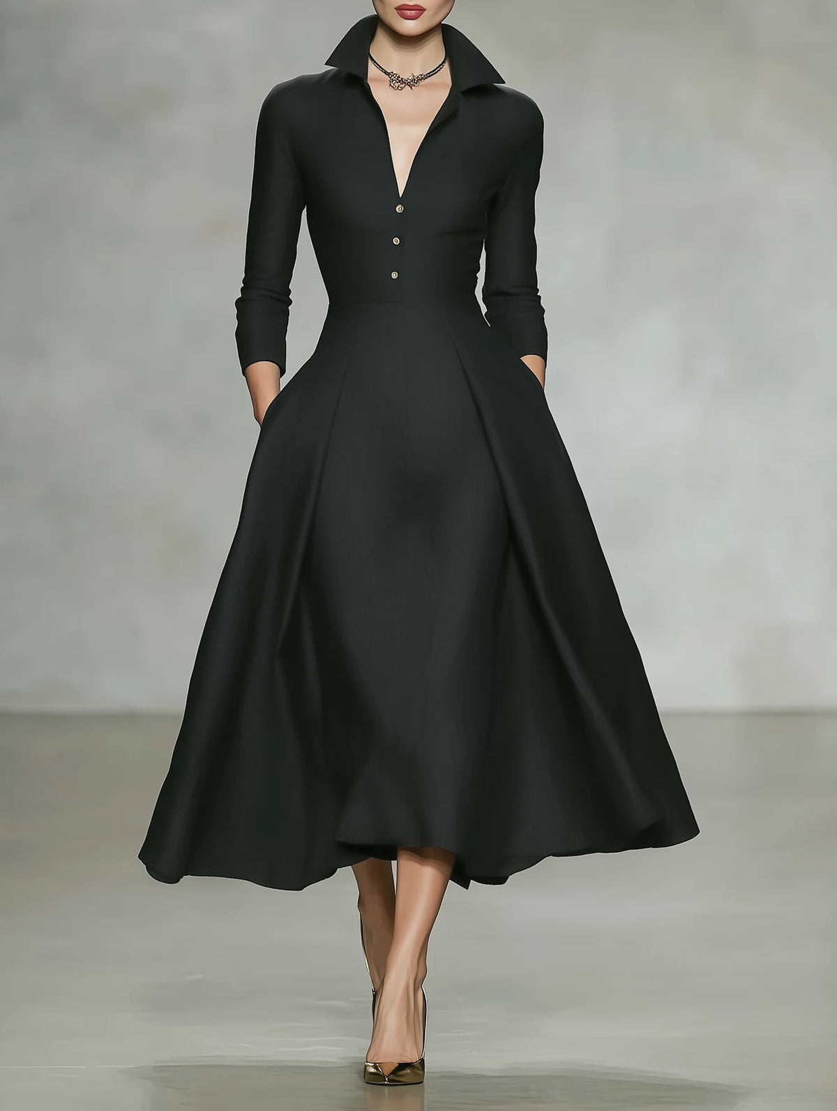 Women's Collared V Neck Long Sleeve Midi Shirt Dress