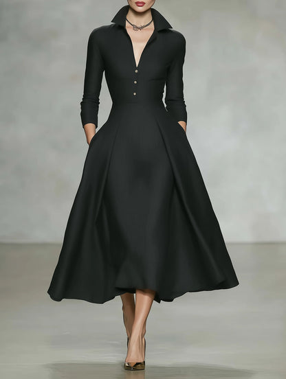 Women's Collared V Neck Long Sleeve Midi Shirt Dress