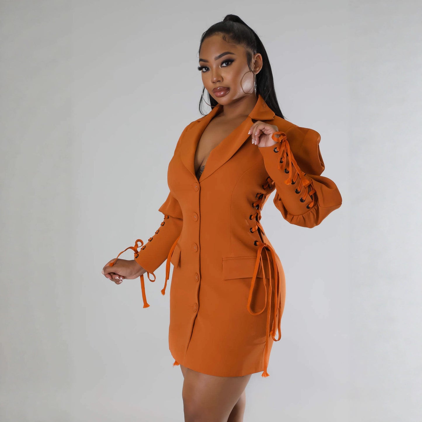 Women's Lace Up Puff Sleeve Blazer Dress Cinched Waist