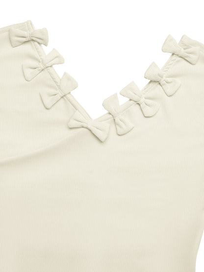 Beige Bow Detail Ribbed Knit Short Sleeve Sweater Top