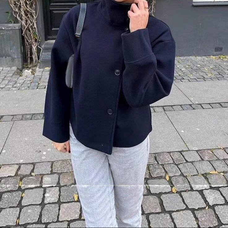 Women's Oversized Button Front Wool Blend Stand Collar Coat