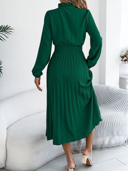Pleated Chiffon Maxi Dress Elegant Tie Neck Long Sleeve