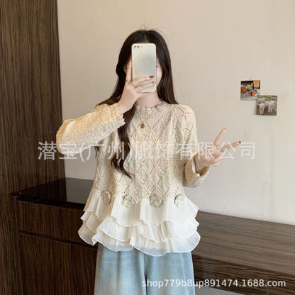 Womens Lace Ruffle Sweater Floral Knit Pullover Top