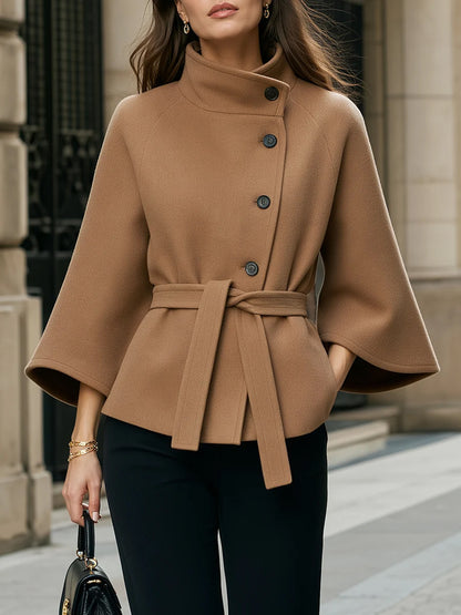 Women's Belted Wool Jacket Funnel Neck Flare Sleeve