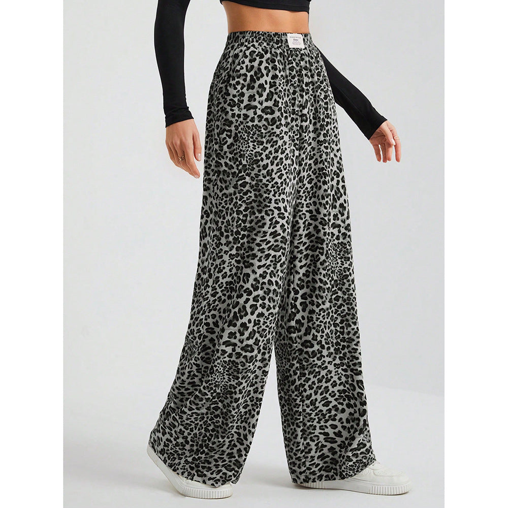 Leopard Print Wide Leg Pants High Waist Pocket Casual