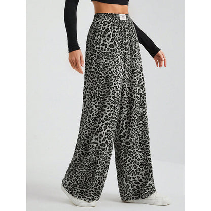 Leopard Print Wide Leg Pants High Waist Pocket Casual