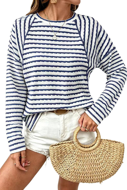 Textured Striped Long Sleeve Pullover Casual Knit Top
