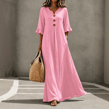 Women's V-Neck Boho Maxi Dress Ruffle Sleeve with Pockets
