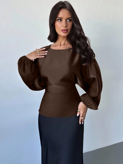 Satin Batwing Blouse Round Neck Tie Waist Top