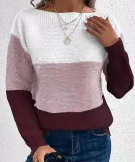 Women's Color Block Crew Neck Knit Pullover Sweater